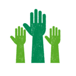 A graphic of three green arms raised in the air