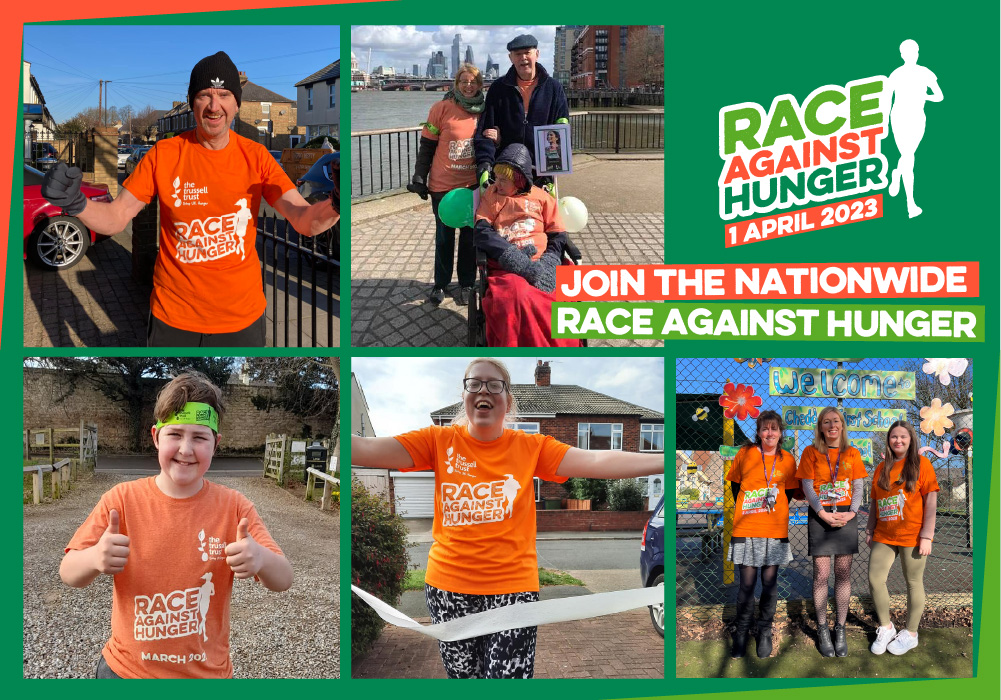 Images of people taking part in Race Against Hunger, with logo in top right hand corner
