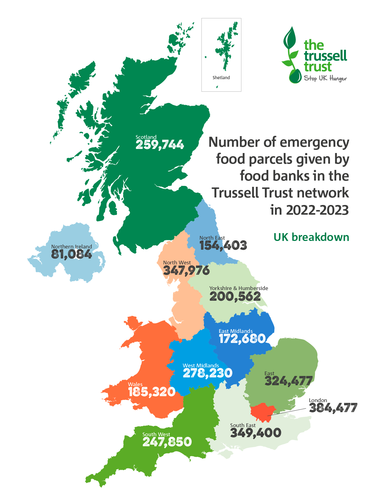 Map showing number of emergency food parcels distributed across the UK