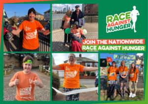 An image featuring five separate photographs of people completing the Race Against Hunger. The people are all wearing orange 'Race Against Hunger' t-shirts and are smiling into the camera. A 'Race Against Hunger' logo appears at the top-right of the image, along with the text 'Join the nationwide race against hunger'.