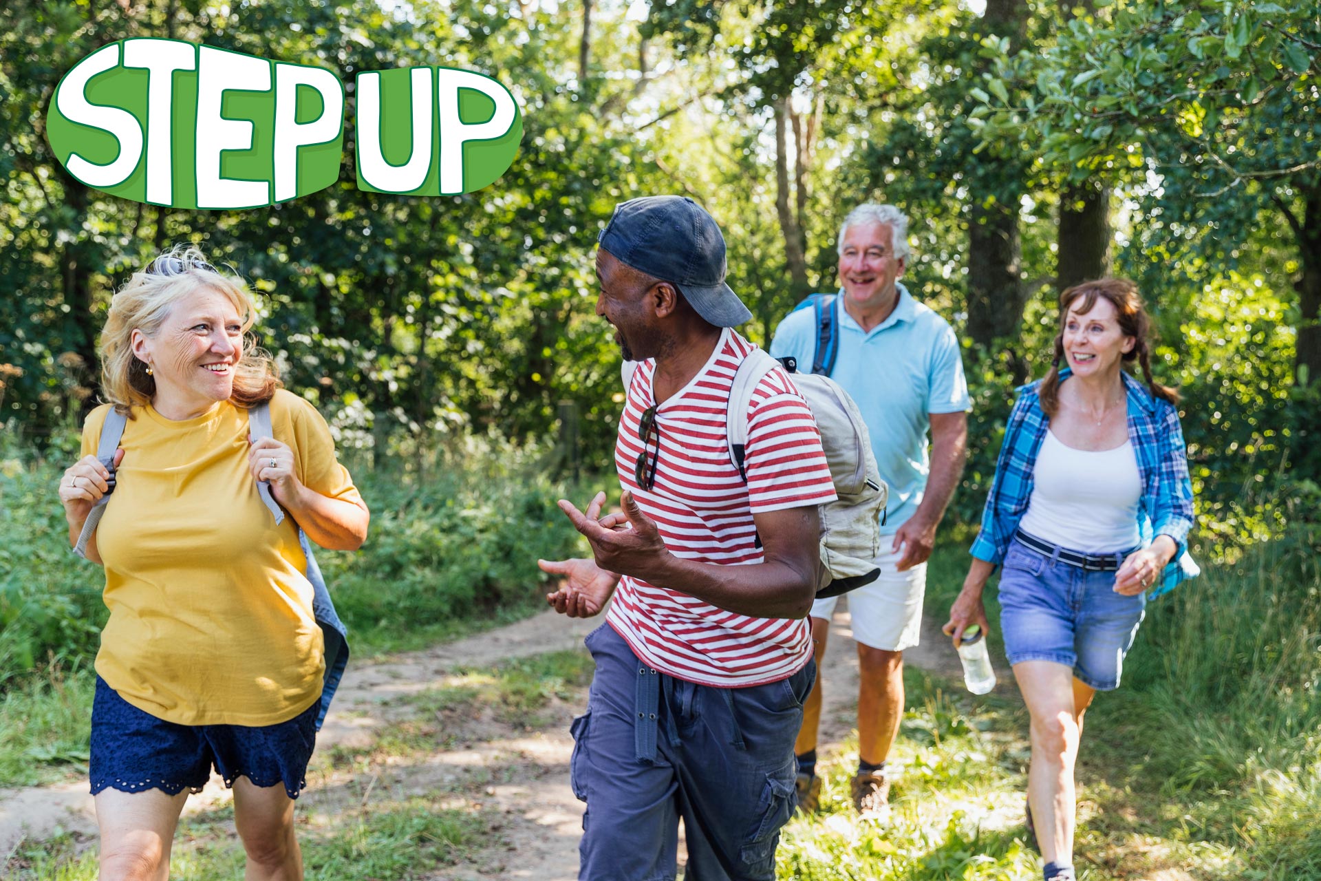 A group of four people walk through a forest. They are carrying backpacks and talking to each other. A 'Step Up' logo is in the top-right corner of the image.