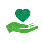 Graphic showing a green hand holding a green heart.